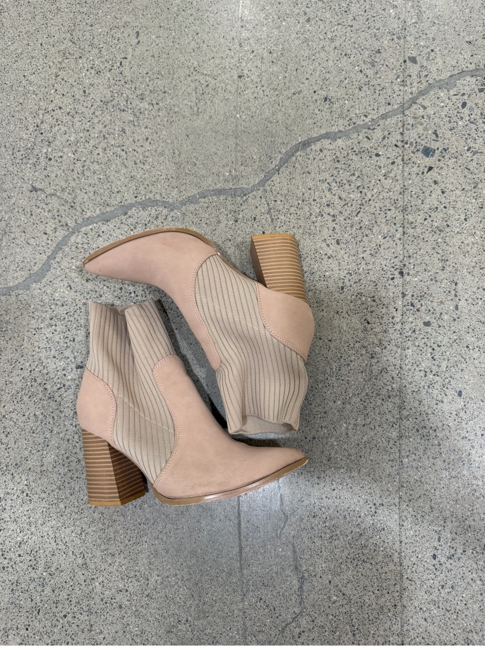 Pointed Toe Beige Knit Ankle Booties with Stacked Heel